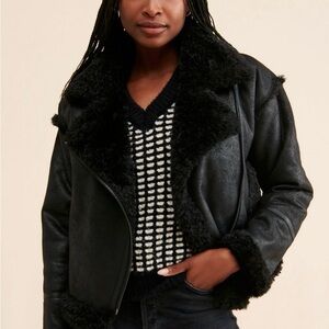 Anthropologie Black Leather Jacket with Shearling Trim
